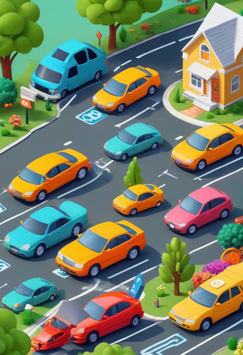 A collage of diverse drivers joyfully discovering affordable car insurance options, surrounded by colorful dollar signs and car icons, showcasing tips and tricks like a checklist. Include a magnifying glass highlighting a low-priced policy. The setting captures a sunny neighborhood with green trees and happy families. vibrant colors. flat design.