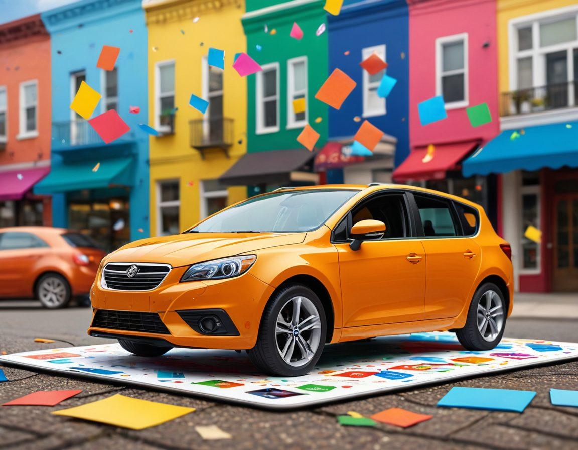 A visually striking infographic displaying a car with open doors revealing discounts and packages flowing out like confetti. The background showcases an urban landscape with insurance icons, dollar signs, and percentage symbols. Bright colors emphasize positivity and savings while a magnifying glass highlights the search aspect. Incorporate a friendly character reviewing insurance options on a tablet. vibrant colors. infographic style.