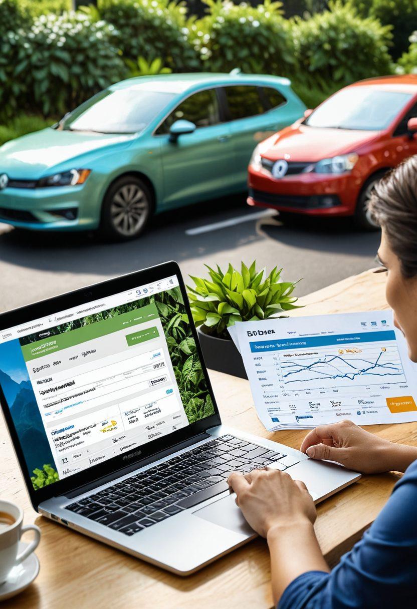 A split-screen image showing a person happily comparing auto insurance quotes on a laptop, with vibrant graphs and dollar signs illustrating savings on one side, and a sleek car parked in a sunlit outdoor setting on the other. Lush greenery surrounds the scene, symbolizing peace of mind with affordable coverage. super-realistic. vibrant colors. white background.
